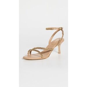 Larroude Olivia Sandals Tan Leather Gold Chain Link Kitten Heel Ankle Strap NEW